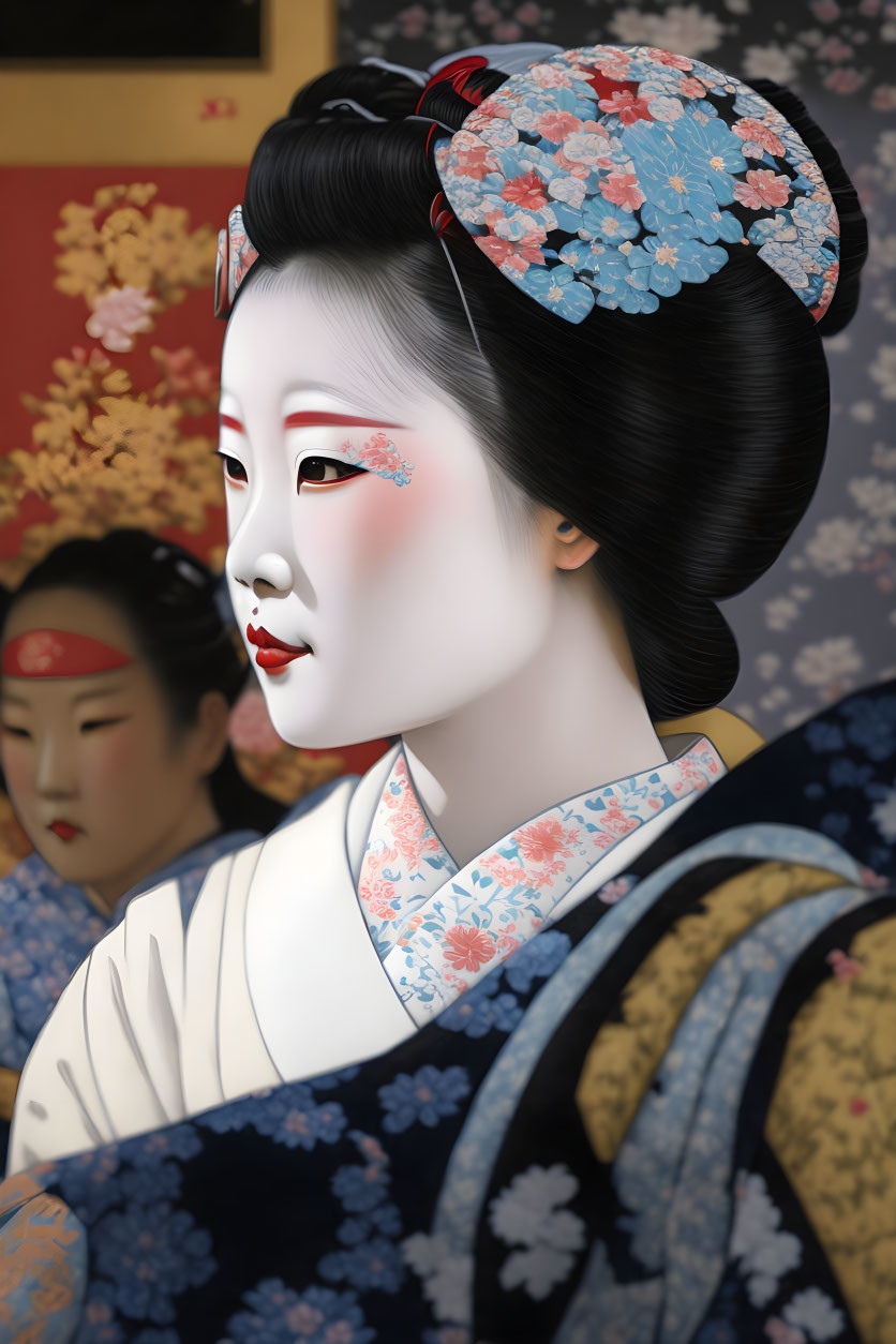 Geisha illustration with traditional makeup, floral hairstyle, kimono, and background figure