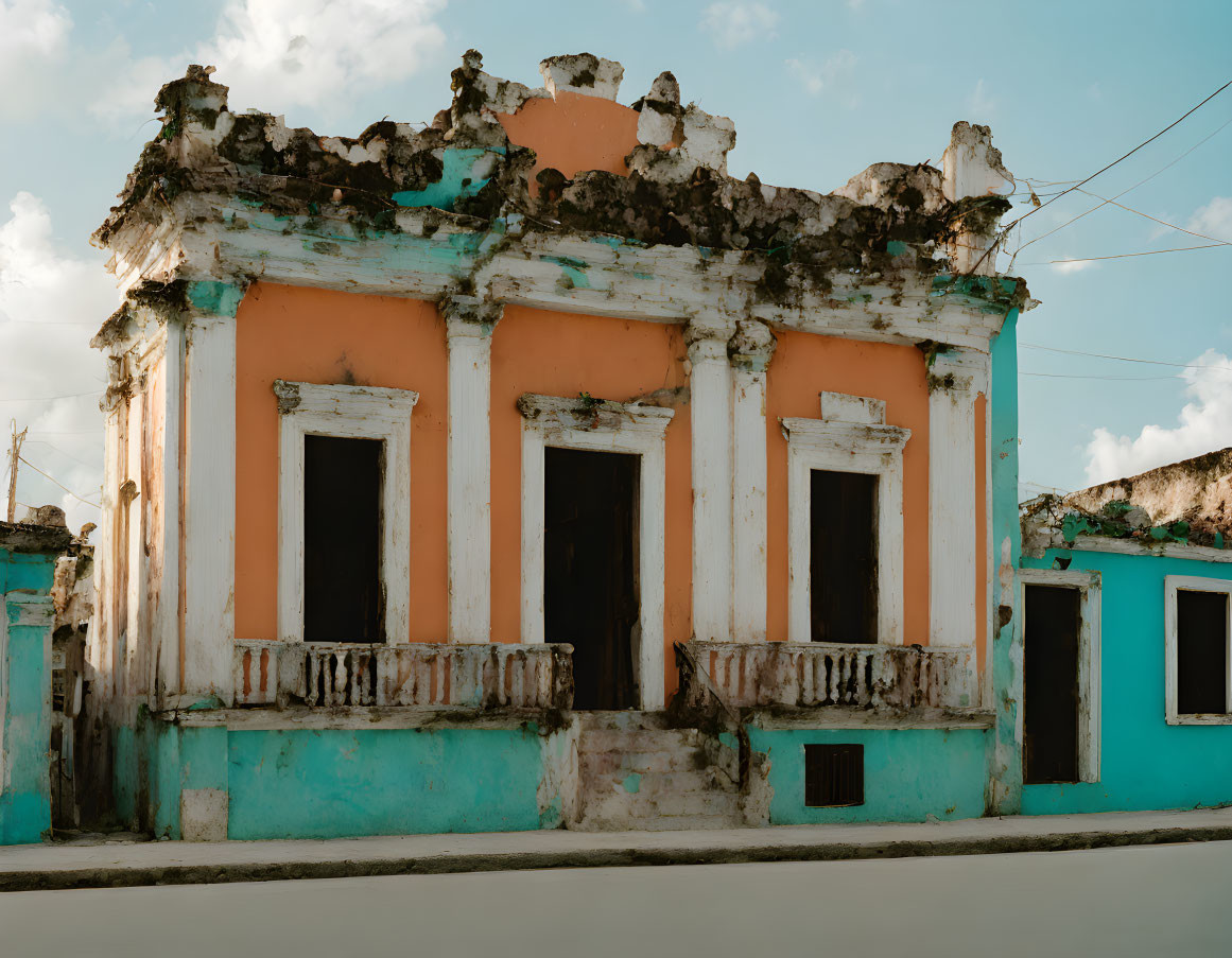 Abandoned two-story building with weathered facade and crumbling balcony.