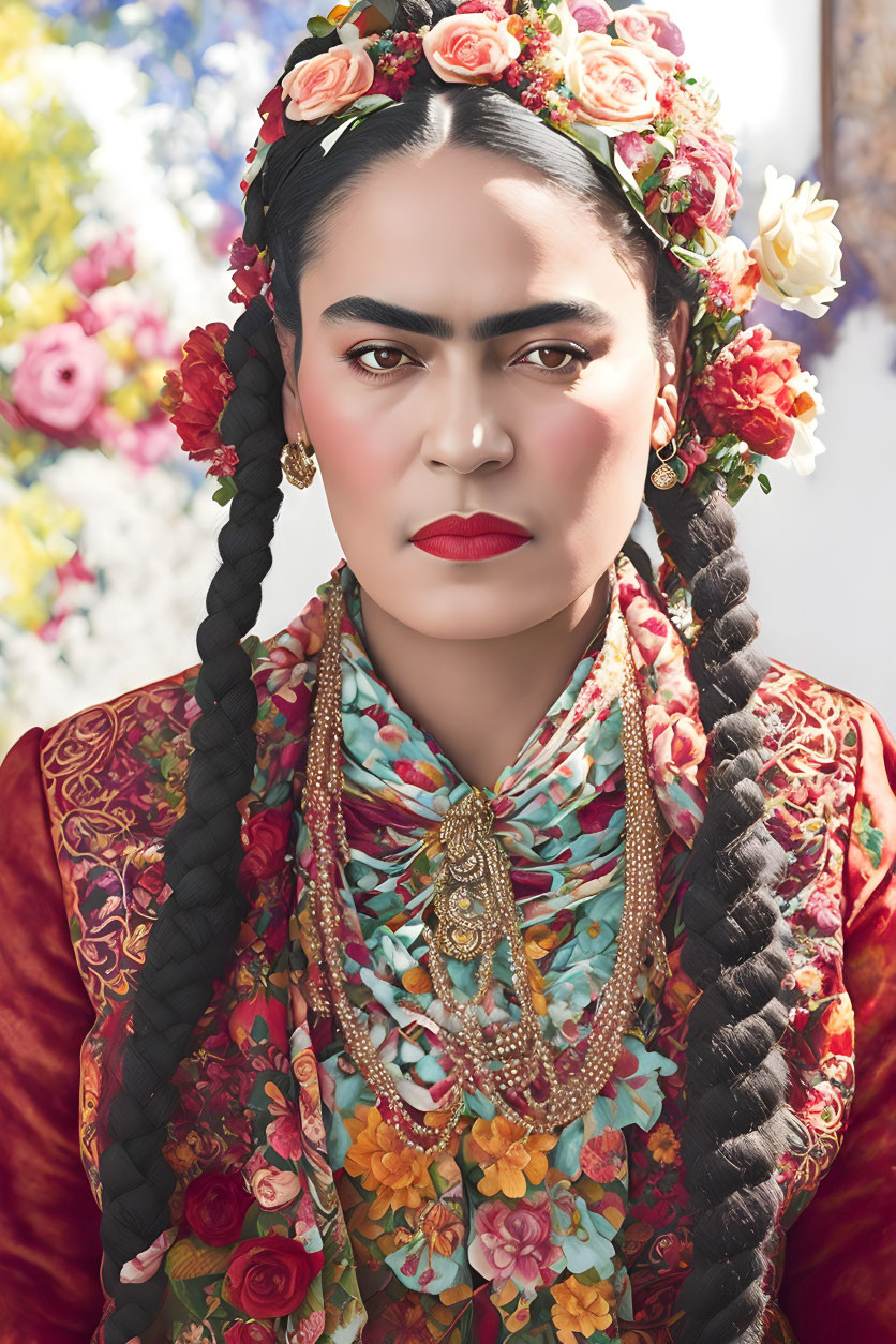 Braided Hair Woman with Floral Crown and Colorful Outfit