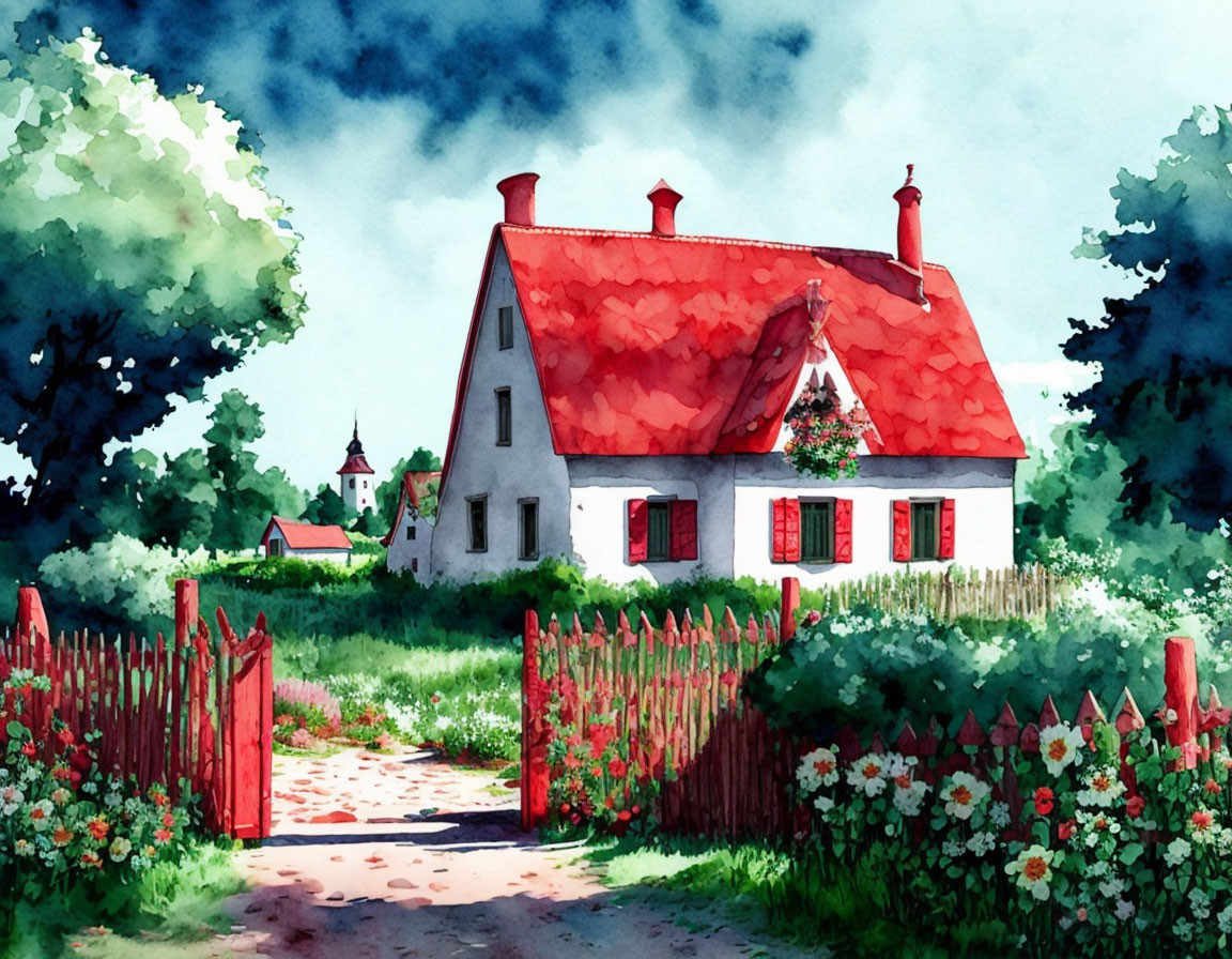 White House with Red Roof in Greenery and Flowers