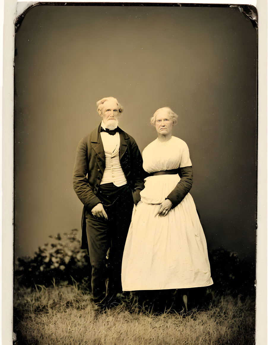 Elderly Couple in Sepia-Toned Portrait with Serious Expressions