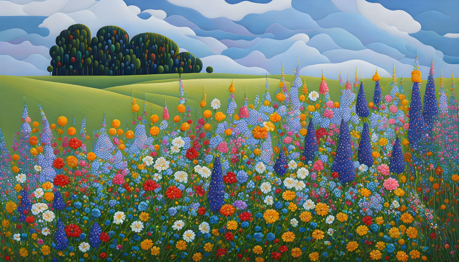 Colorful Flower Field Painting with Rolling Hills and Patterned Skies