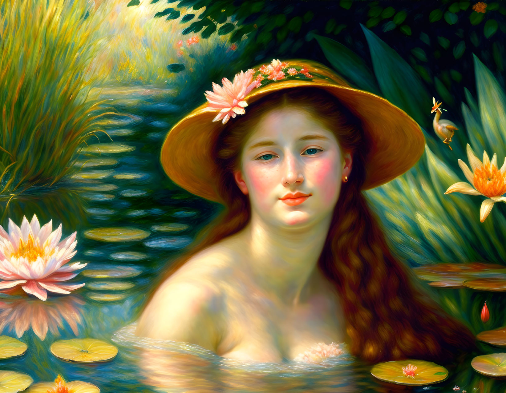 Woman in Water with Flower Hat Surrounded by Greenery and Water Lilies