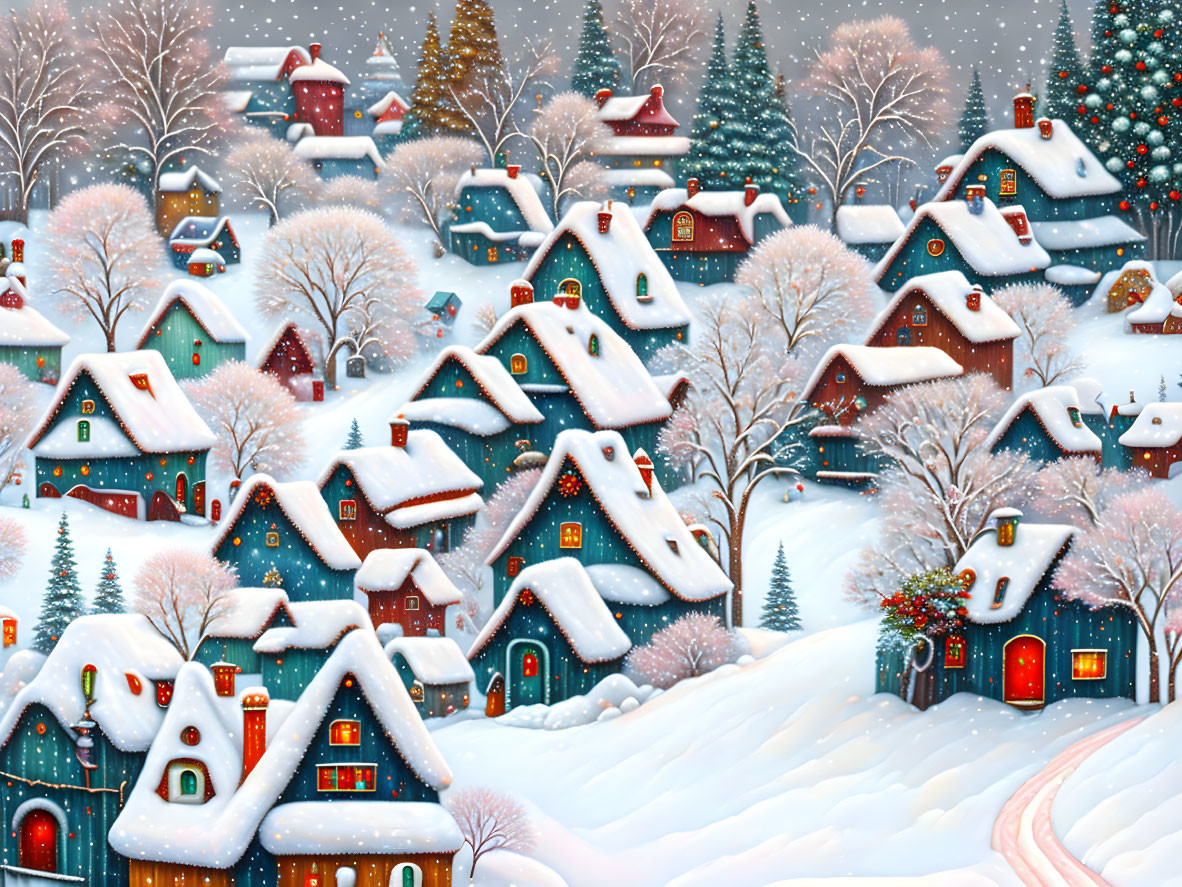 Vibrant houses with snowy roofs in winter village scene