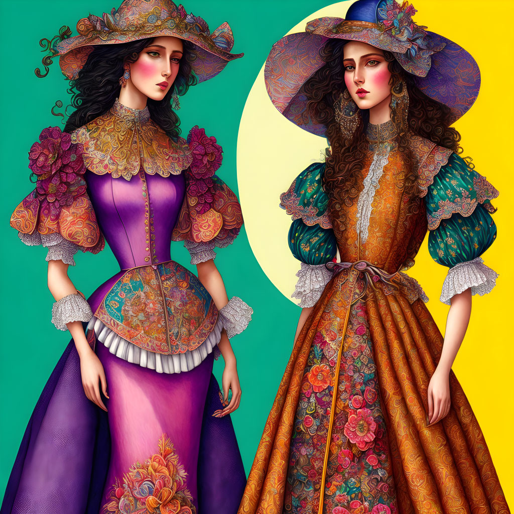 Digital illustration: Character in elegant vintage dresses with floral patterns, laced sleeves, and wide-brim