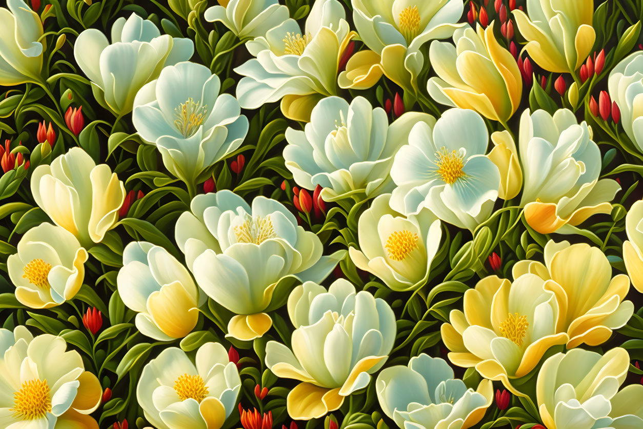 Detailed Illustration of Overlapping White Flowers with Yellow Centers and Green Foliage