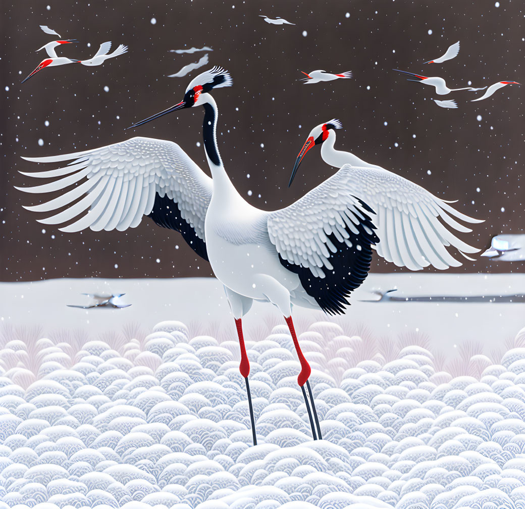 Red-crowned cranes spread wings in snowy landscape with flying cranes under starry sky