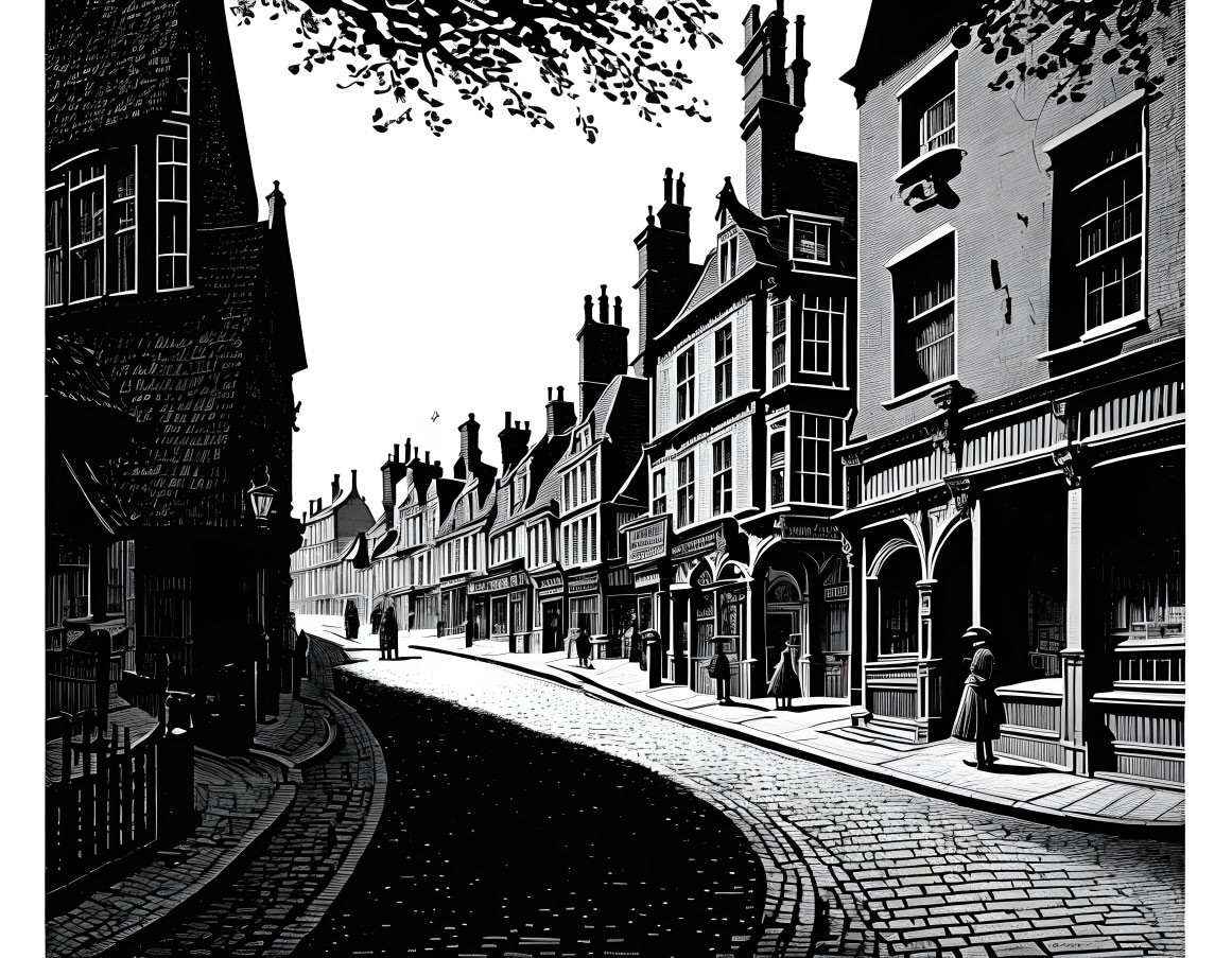 Monochrome illustration of quaint town street with historical buildings and lone person walking