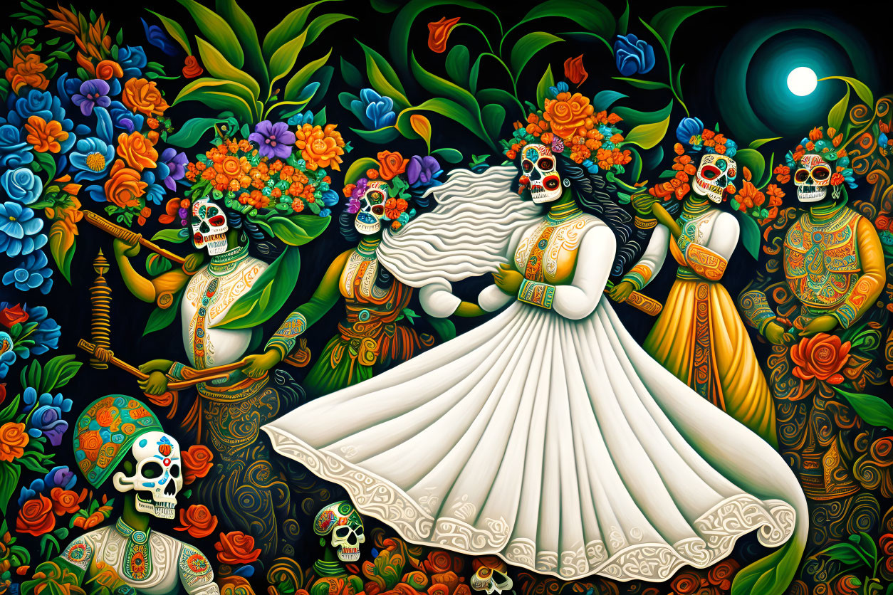 Colorful Day of the Dead themed artwork with skull-faced figures in traditional Mexican clothing and intricate floral designs