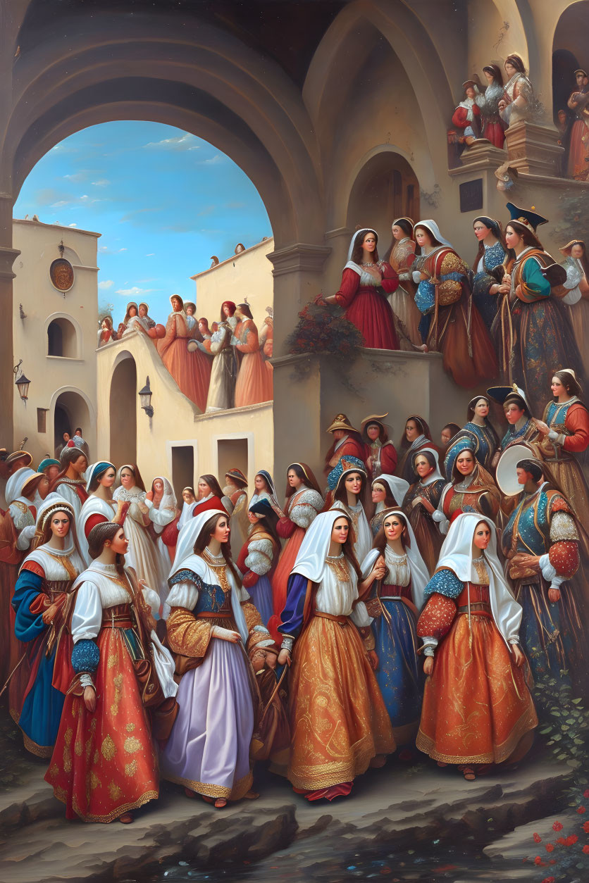 Traditional women's procession through ornate arched alley with balcony spectators