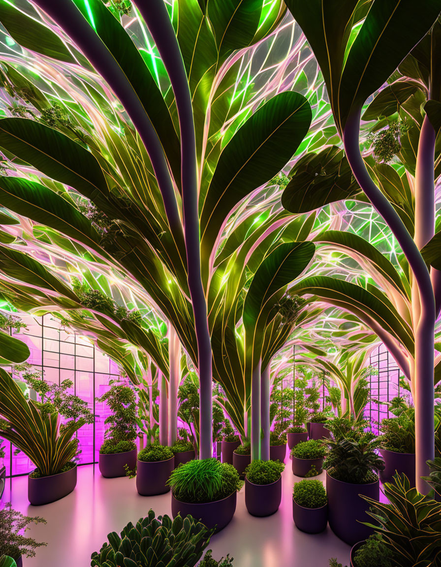 Lush Indoor Garden with Backlit Oversized Green Plants