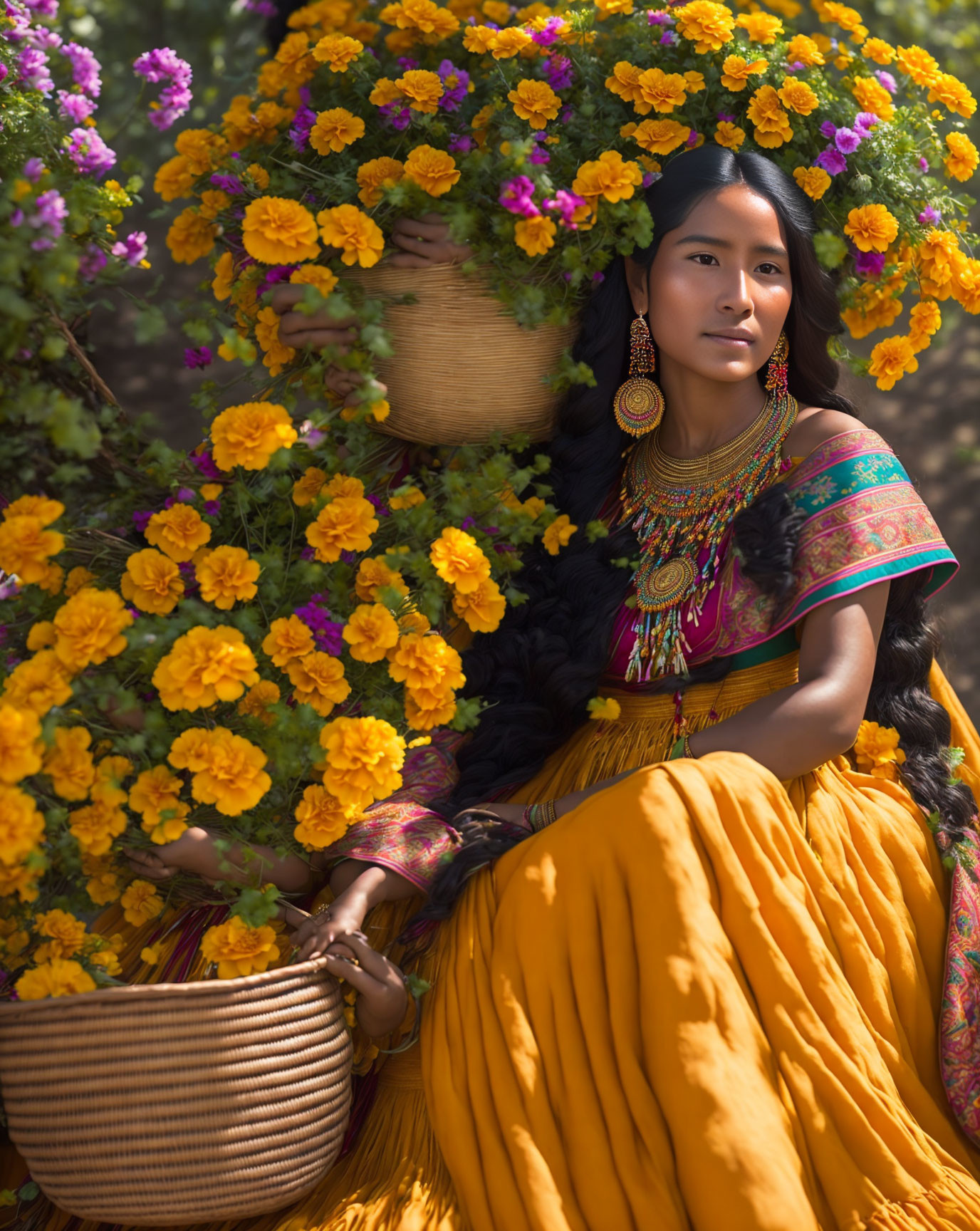 Vibrant Yellow Dress Woman with Marigolds and Basket