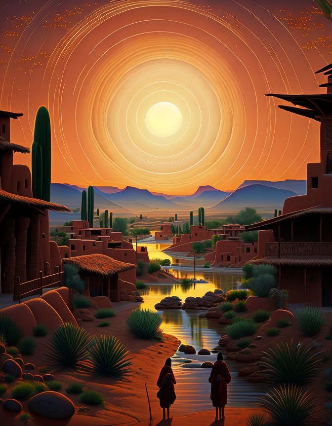 Desert village at sunset with figures by river, cacti, buildings, star-trail sky