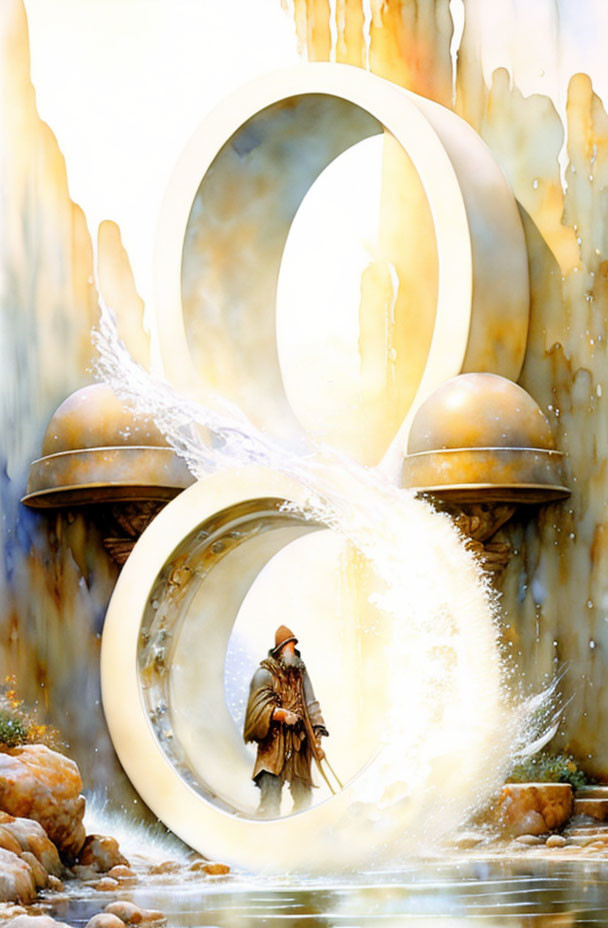 Fantasy artwork: Cloaked figure near glowing golden-ringed fountains in sunny landscape