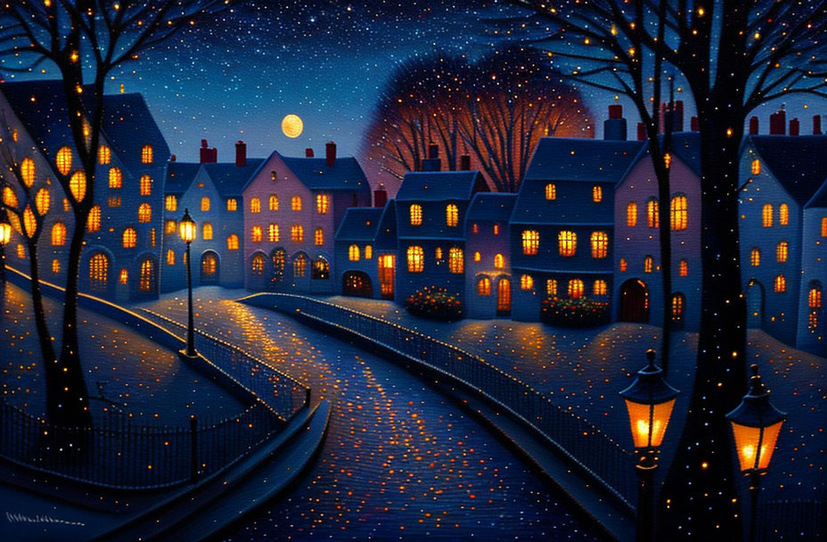 Charming village street at night with glowing windows, cobblestone paths, and starlit sky