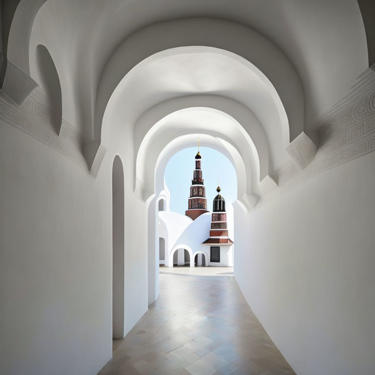 White Arched Corridor Leading to Courtyard with Bell Tower and Blue Skies