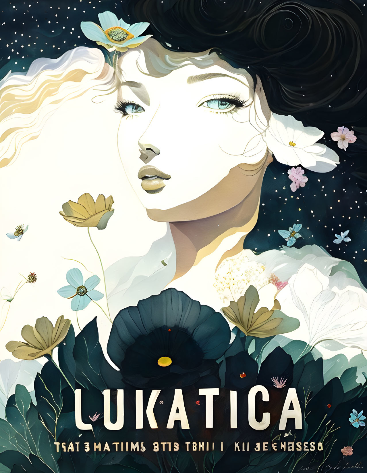 Ethereal woman's face with cosmic elements and flowers, "Lukatica" stylized text