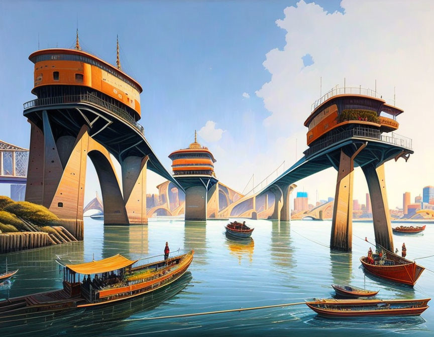 Vibrant futuristic cityscape with arched bridge and traditional boats