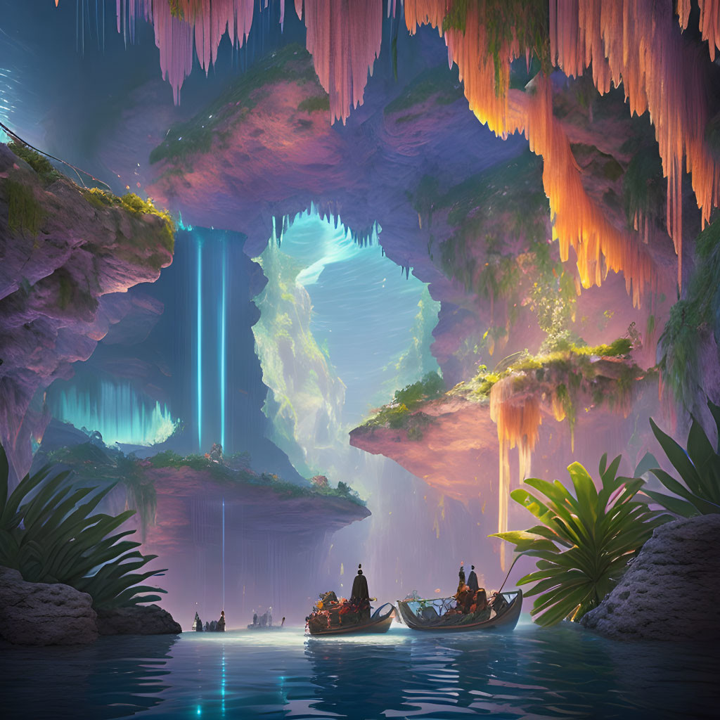 Subterranean cave with waterfall, glowing crystals, lush greenery, and boat-filled waters under natural