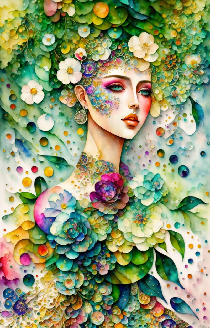 Colorful Woman Illustration with Floral and Nature Motifs