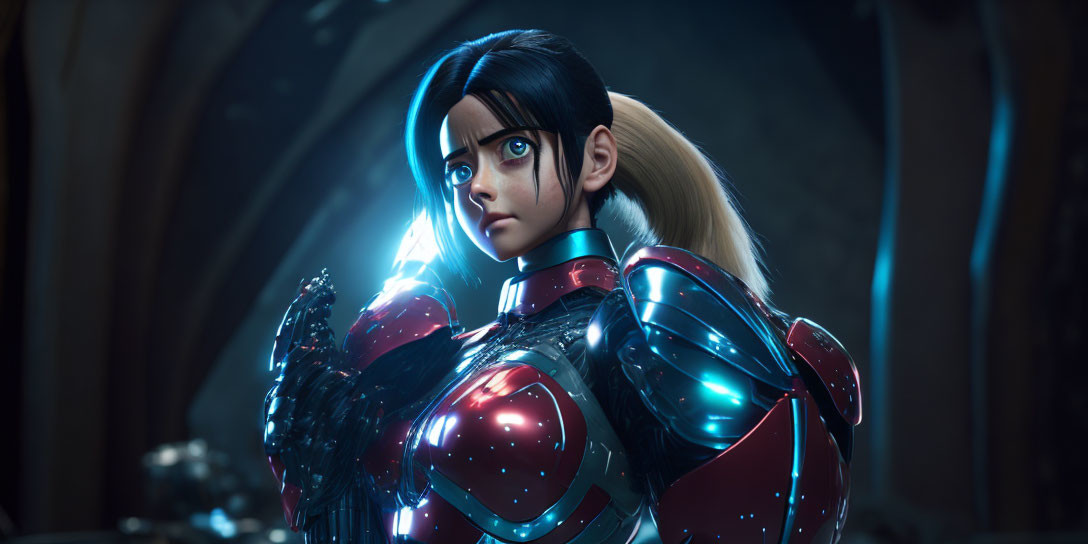 Futuristic digital artwork of female figure in armor with expressive eyes