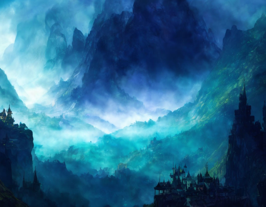 Misty mountains and ancient castle in ethereal blue landscape