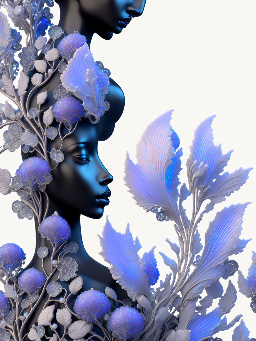 Blue profile silhouettes intertwined with floral elements in monochromatic palette