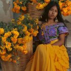 Vibrant Yellow Dress Woman with Marigolds and Basket