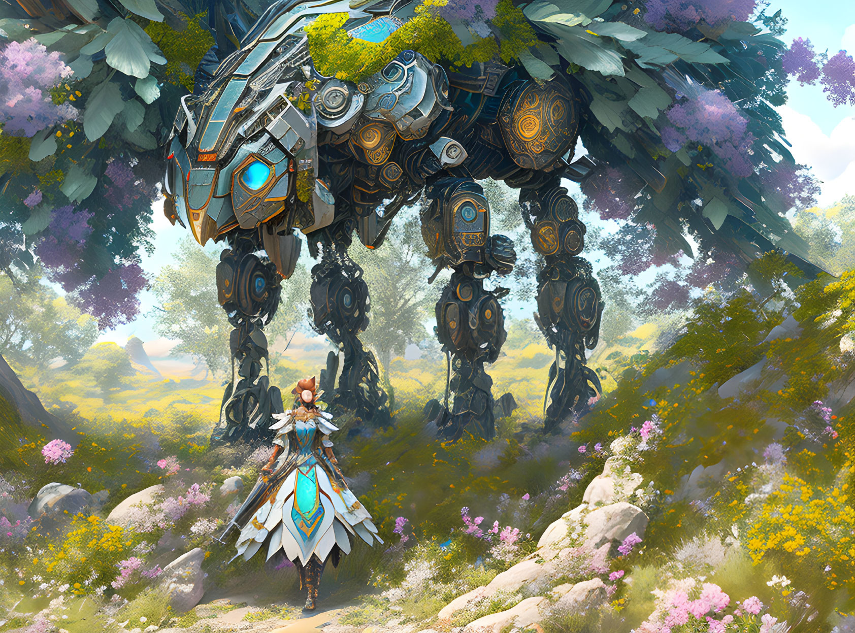 Person in tribal attire confronts ornate mechanized creature in lush forest