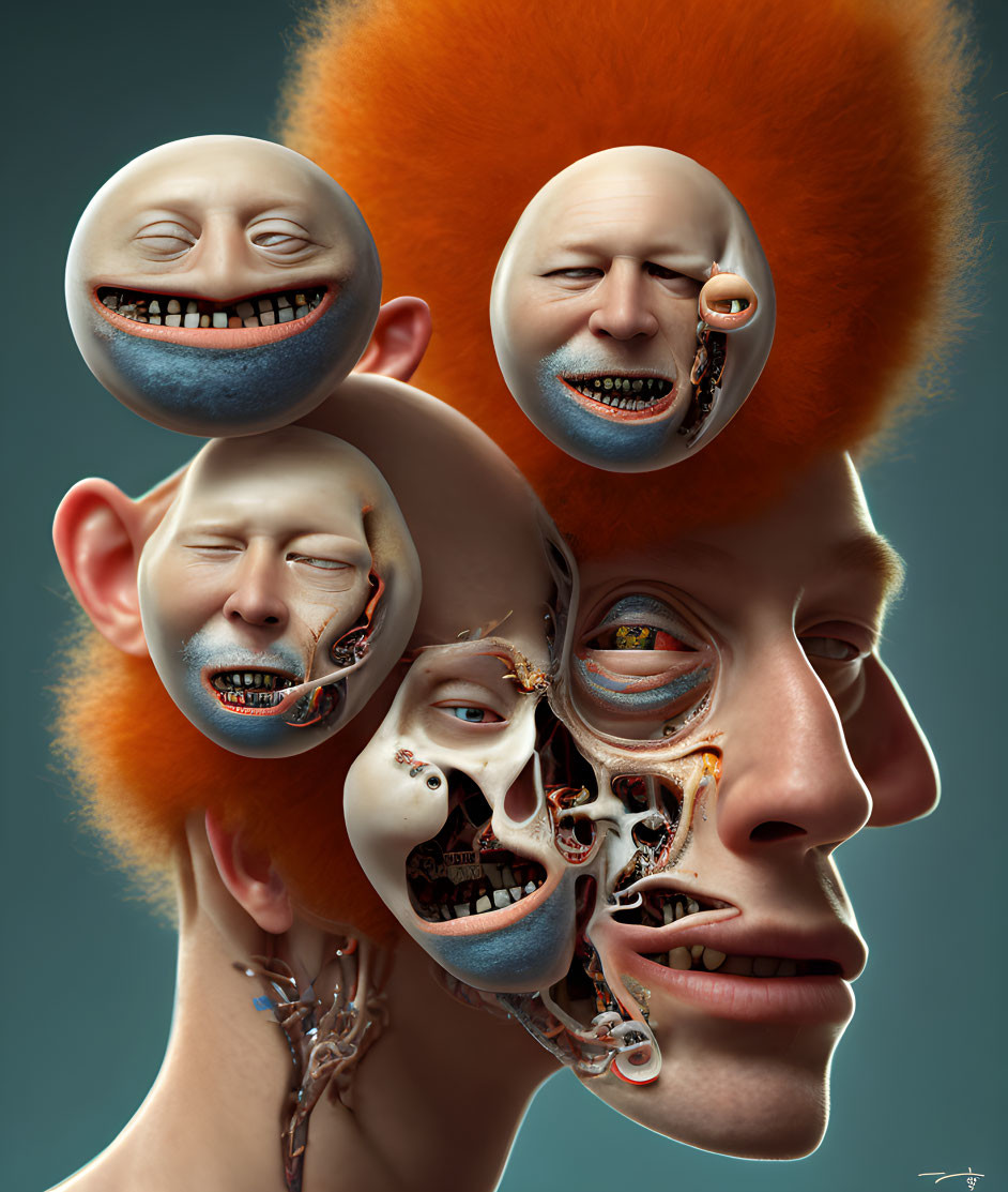 Surreal artwork featuring central human face and disfigured floating heads