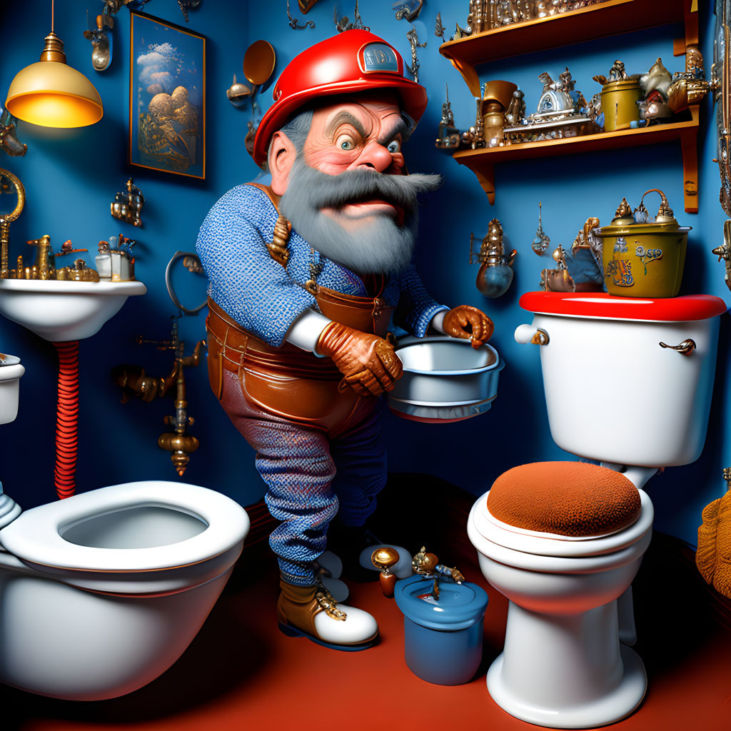 Colorful plumber caricature surrounded by plumbing tools and fixtures