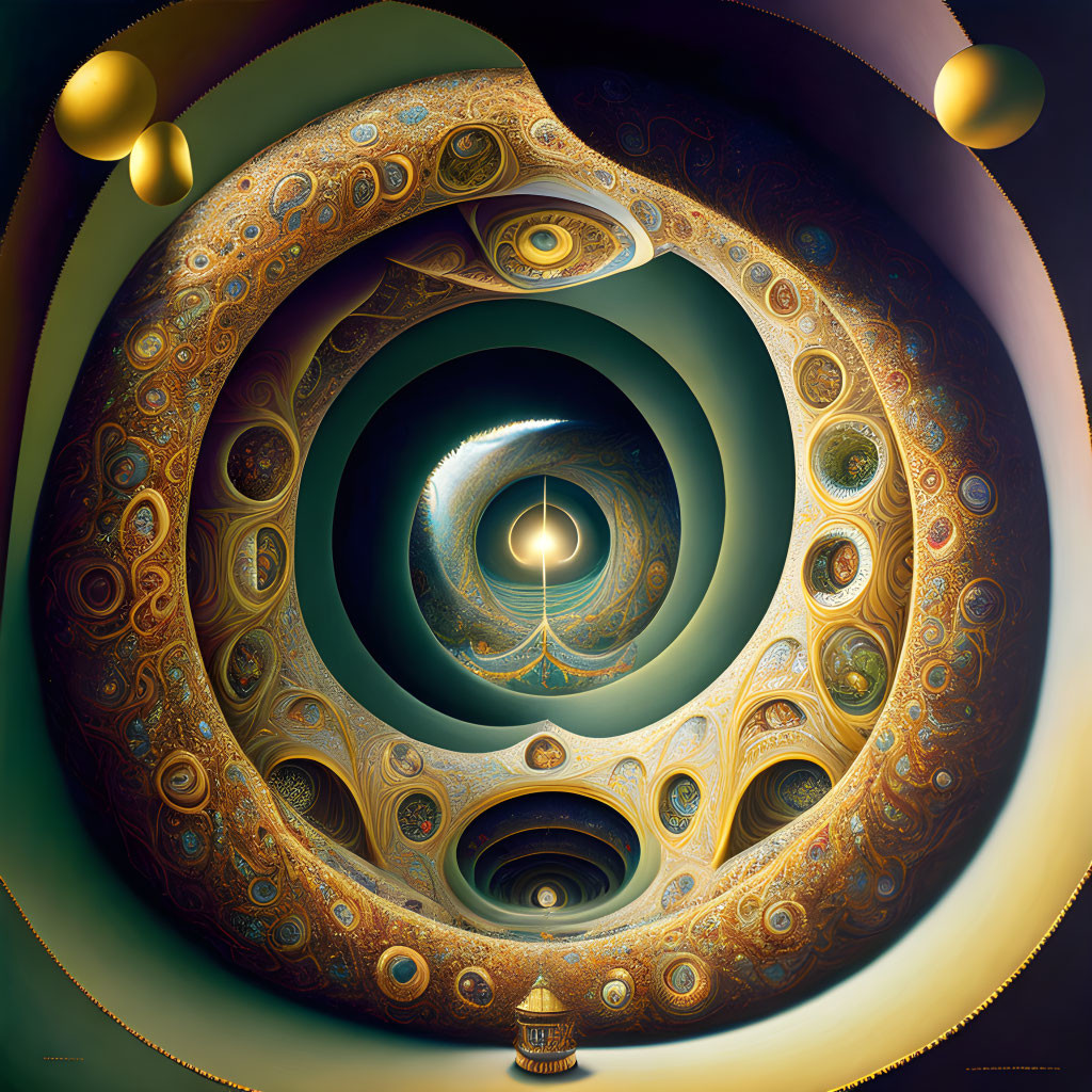 Fractal circular patterns in golden and brown hues with a cosmic eye theme