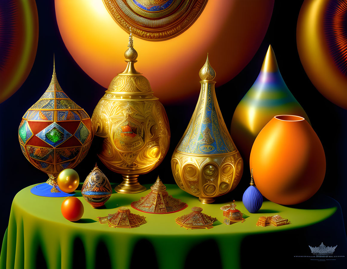 Colorful Geometric Objects on Draped Table with Warm Backdrop