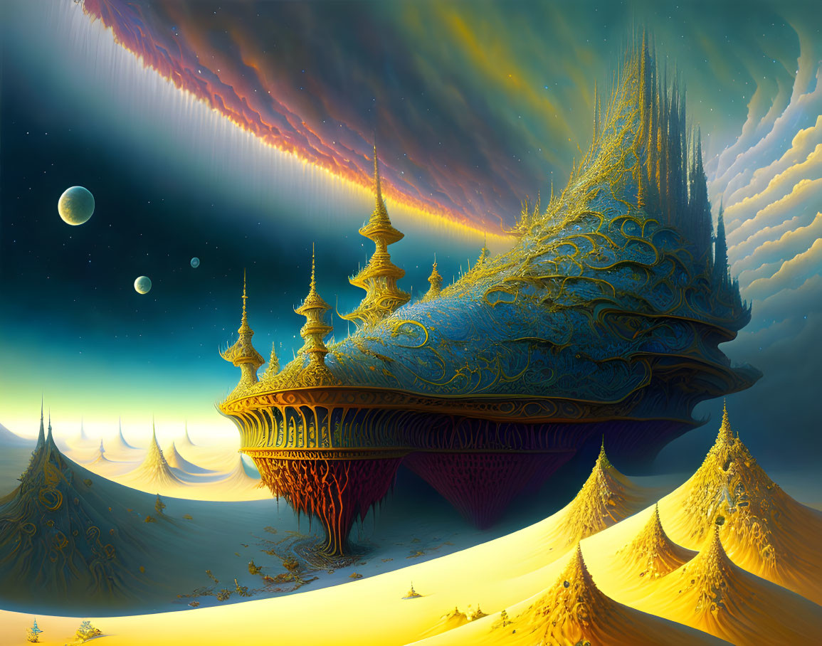 Fantastical landscape with hovering palaces, aurora-like sky, and multiple moons.