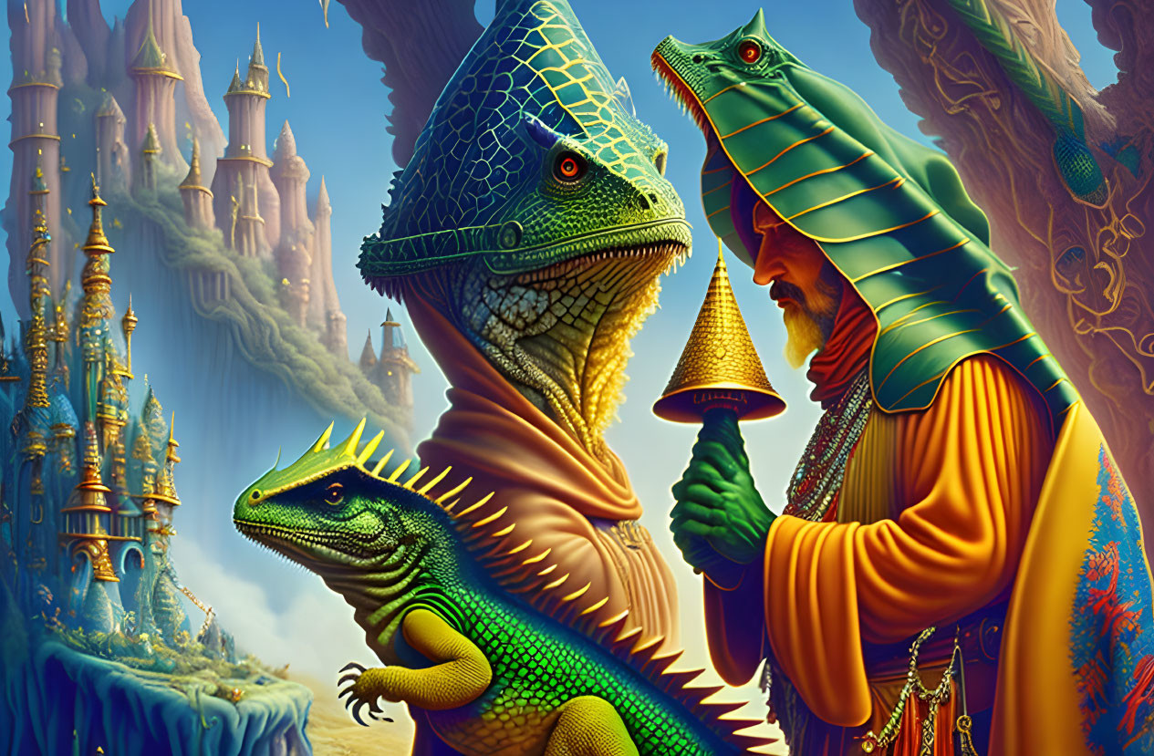 Illustration of humanoid lizards in mystical castle landscape