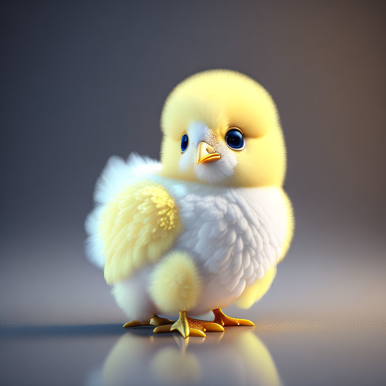 Adorable yellow chick with big blue eyes and small beak on soft surface