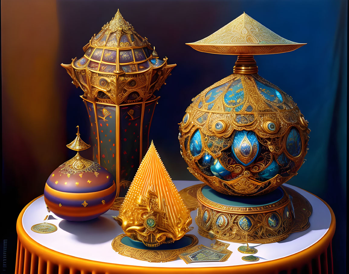 Luxurious Golden Objects with Jewel Encrustments on Classical Table