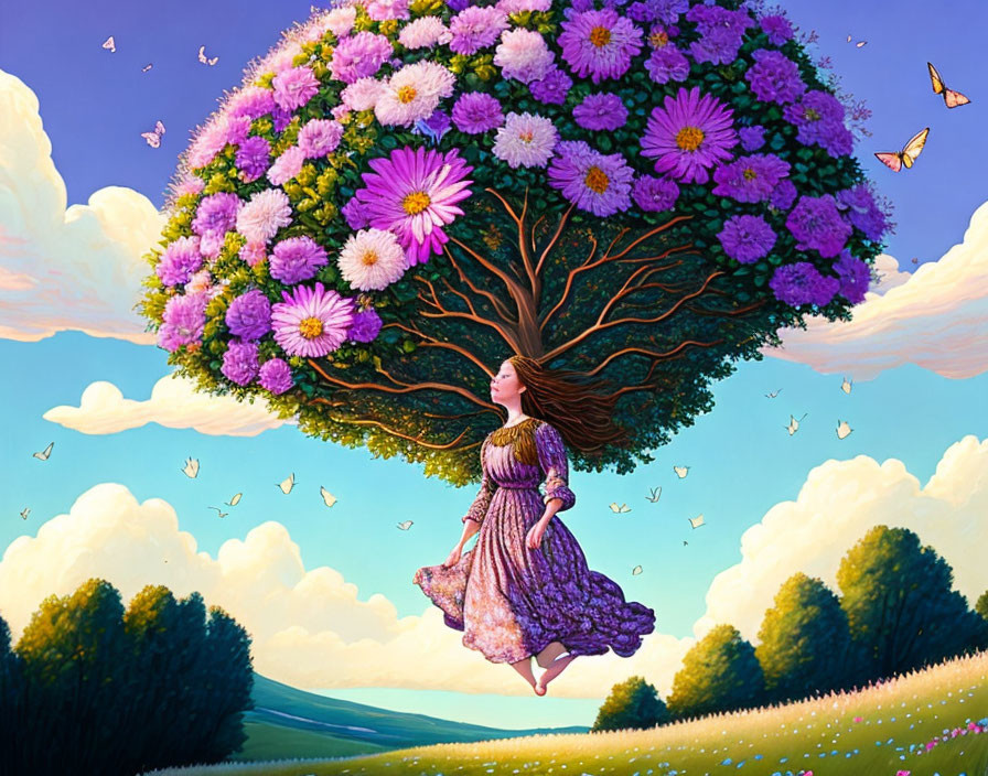 Surreal illustration of woman merging with tree and flowers