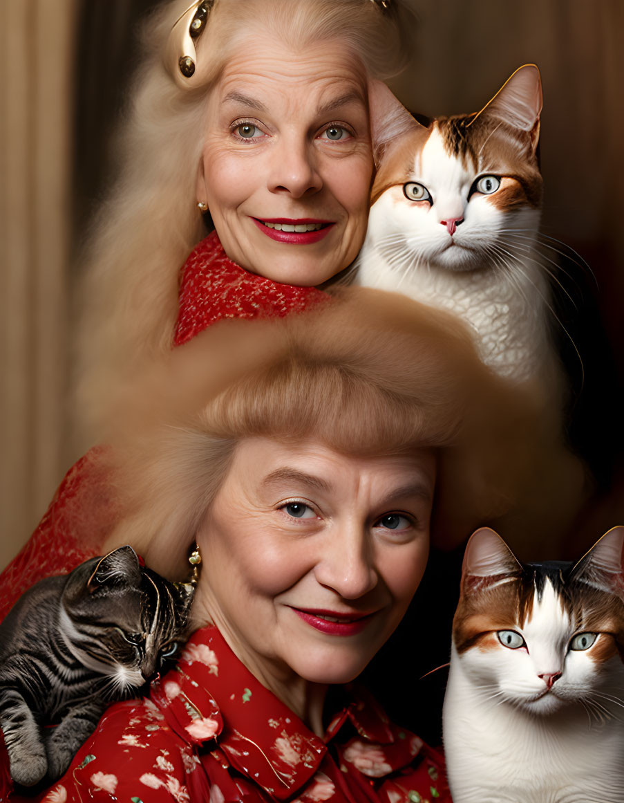 Elderly woman in floral dress holding cats with image overlay