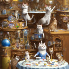 Person in ruffled outfit surrounded by cats at yellow tables in blue room