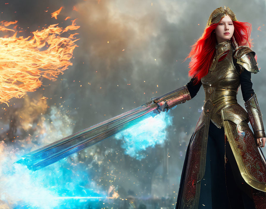 Fiery red-haired warrior in golden armor wields blue sword amid flames