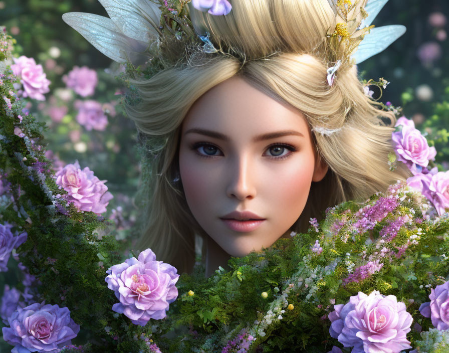 Ethereal digital artwork: fairy-like female with translucent wings in lush greenery