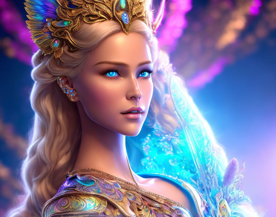 Fantastical female figure with blue eyes, golden crown, and translucent wings