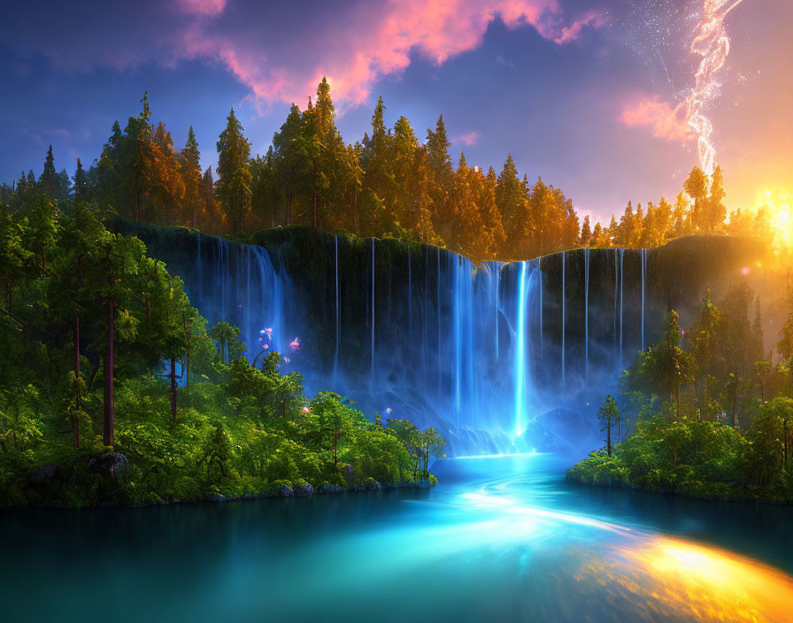 Majestic waterfall in vibrant landscape with colorful sunset skies