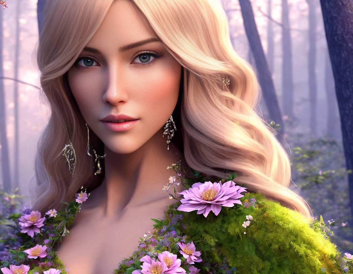 Blonde Woman Portrait with Flowers and Forest Background