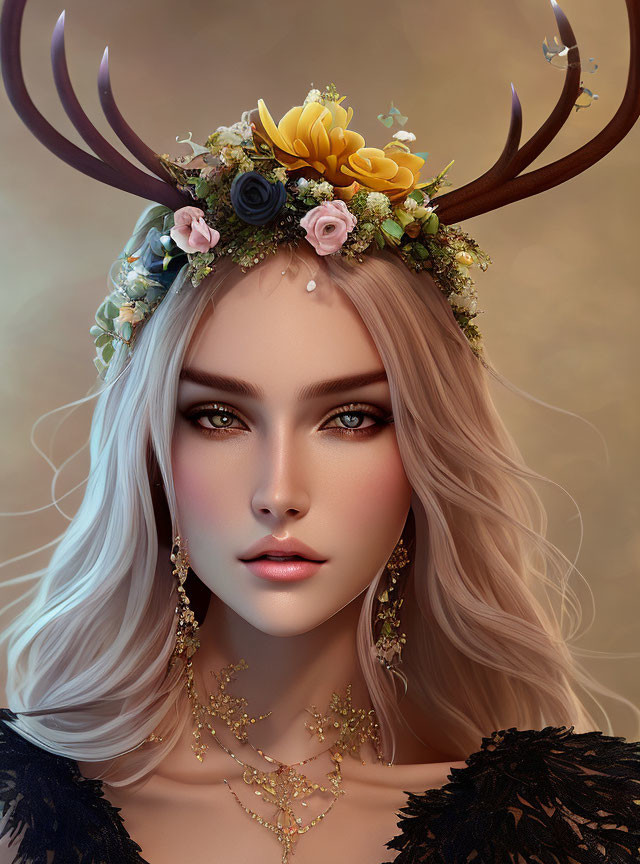 Vibrant floral crown on woman with antlers in digital artwork