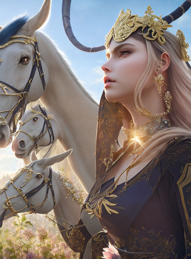 Fantasy-inspired woman with golden headdress and majestic unicorns in blooming field