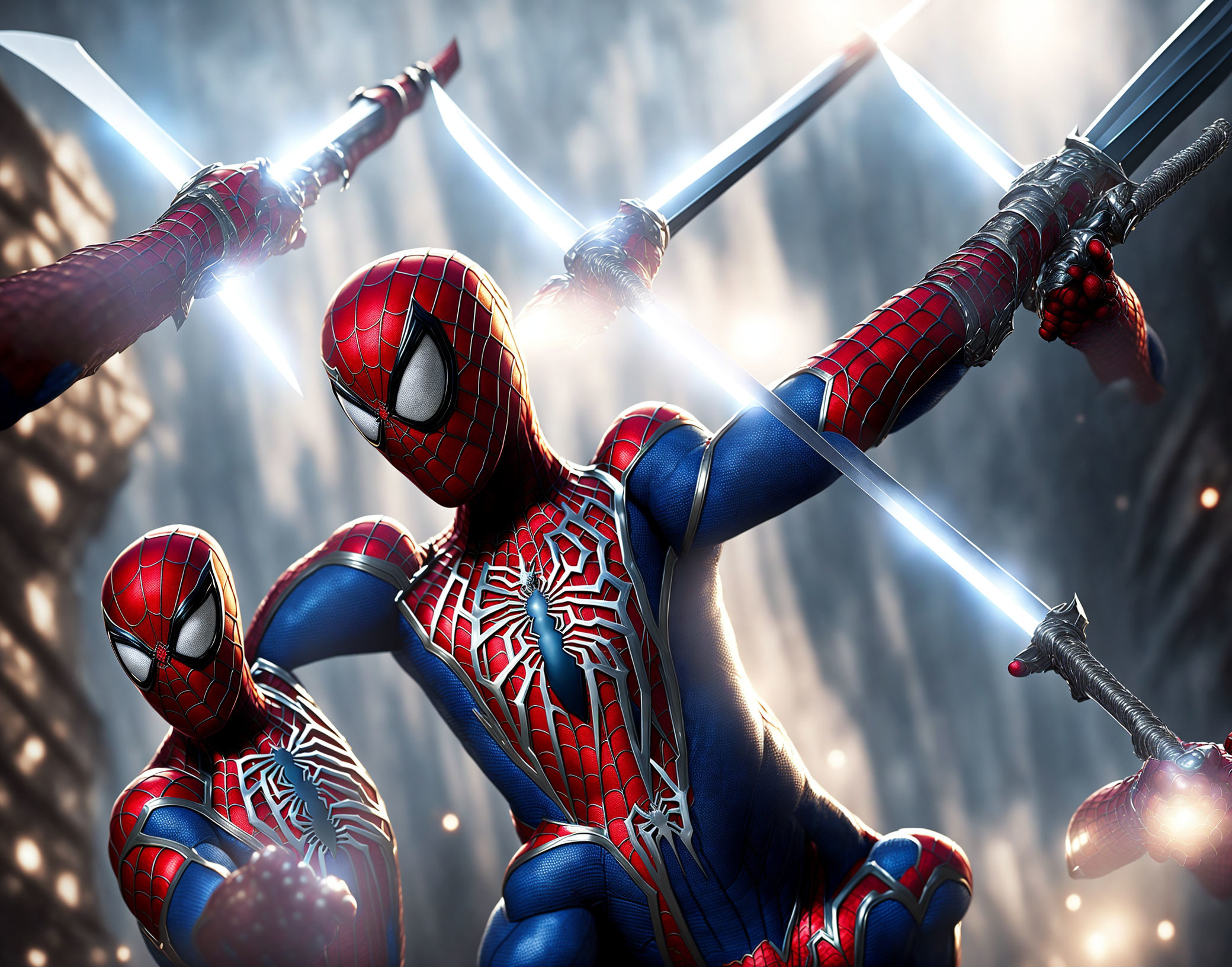 Dynamic Spider-Man Cosplay Battle with Glowing Weapons