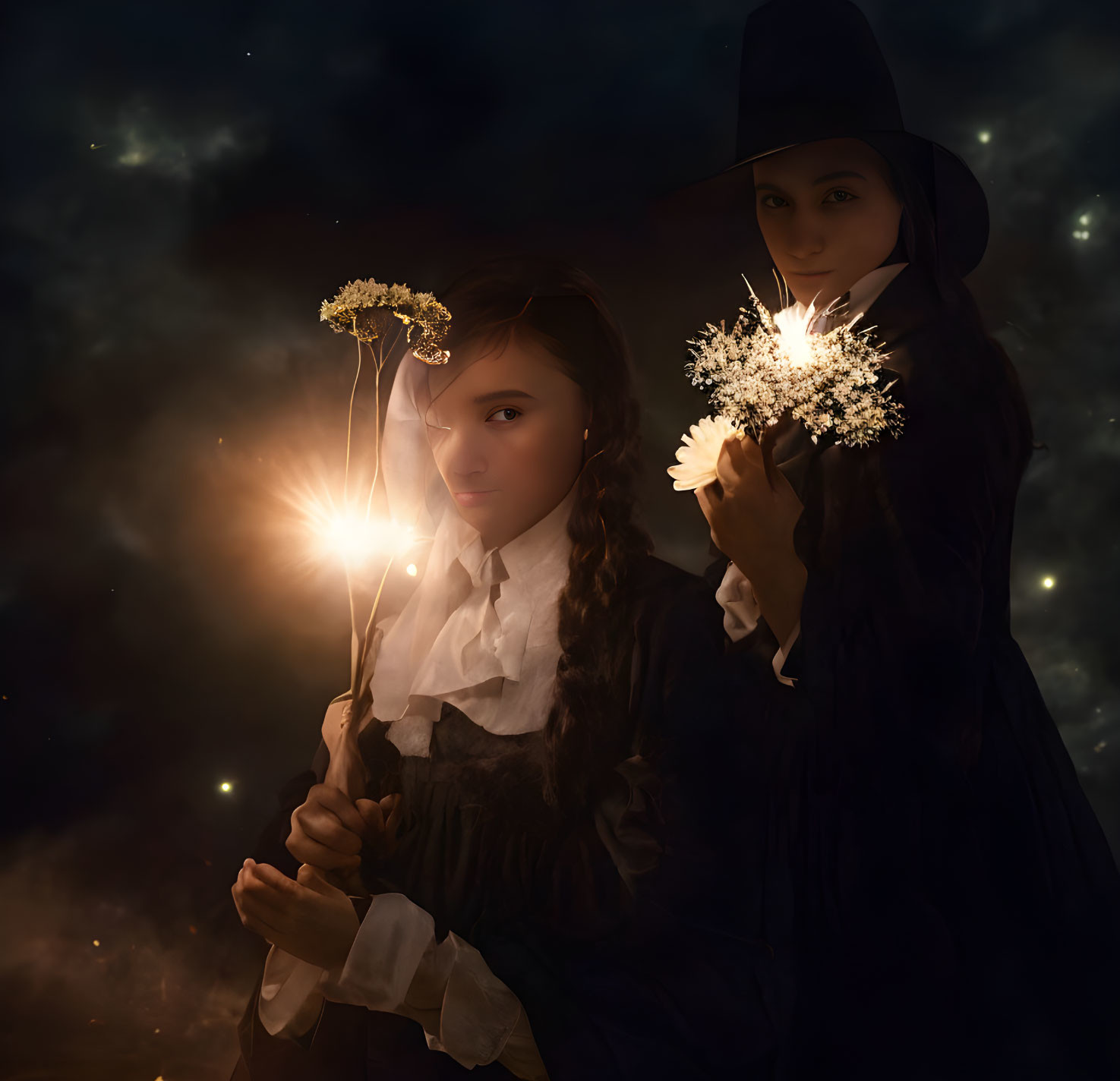 Two people in dark cloaks with sparklers and flowers against a starry night.