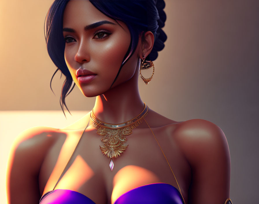 Digital Portrait: Woman with Blue Hair, Gold Jewelry, Purple Dress